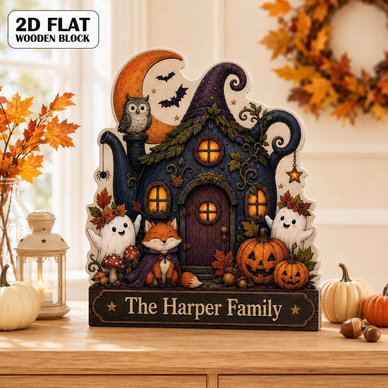 Personalized Witch House Wood Block, Fox Halloween Family Name Decor