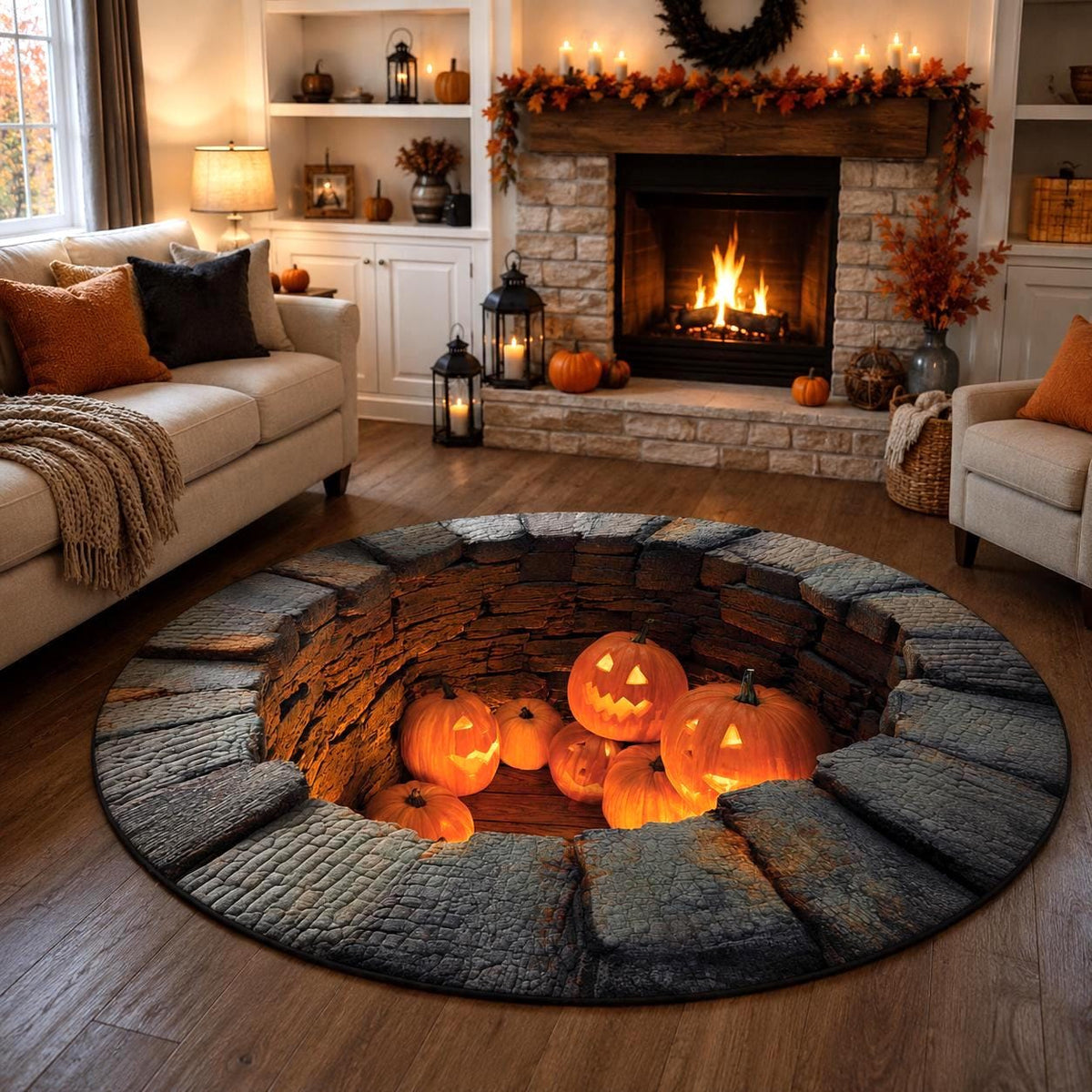 3D Pumpkin Halloween Round Rug