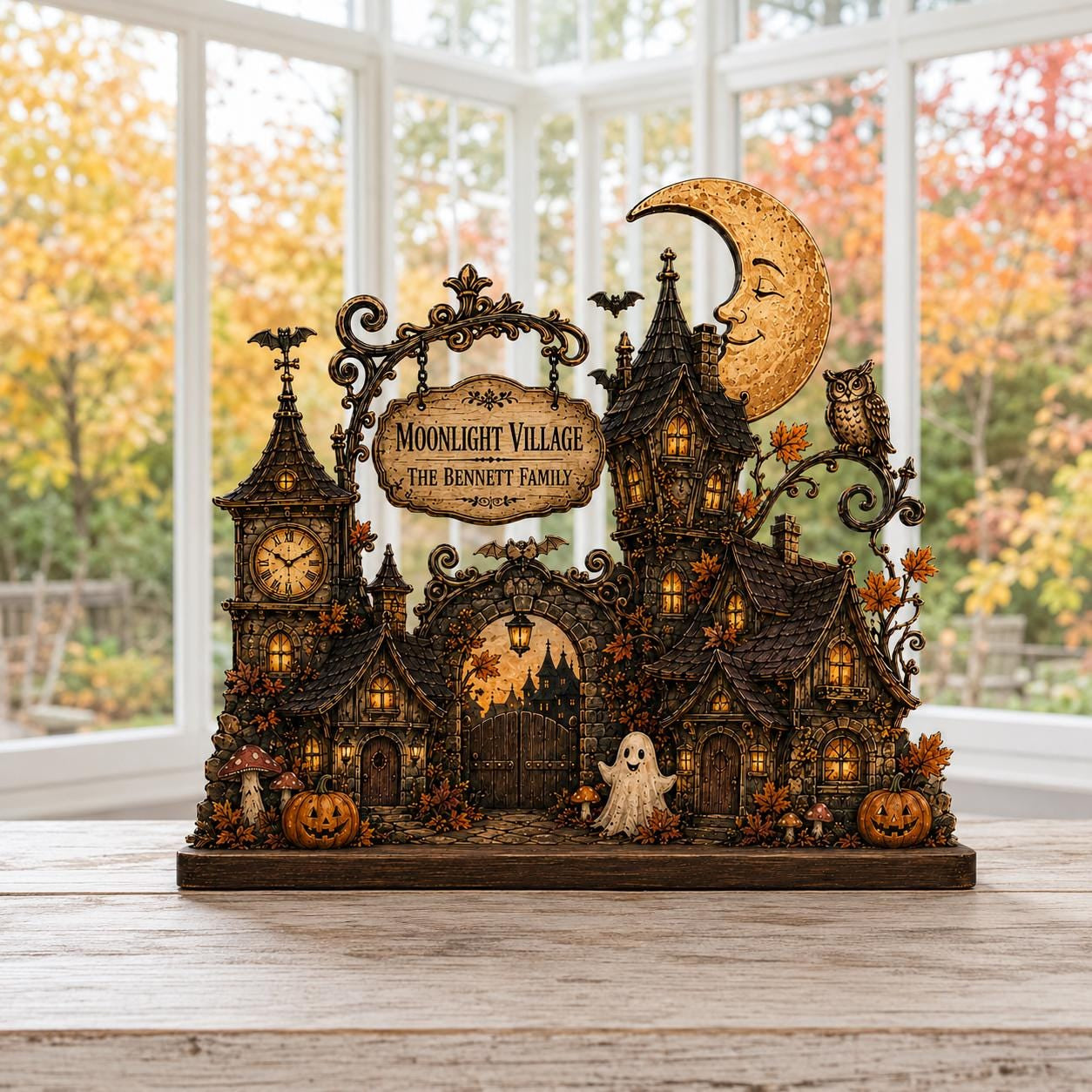Personalized Moonlight Village Wood Block, Halloween Family Name Decor