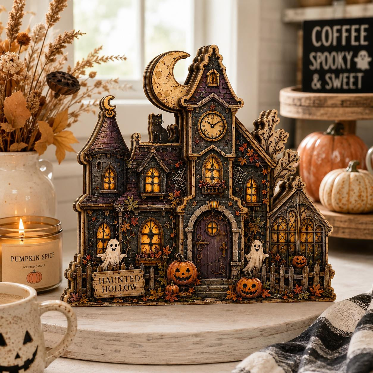 Personalized Haunted House Wooden Block, 2D Halloween Shelf Sitter, Spooky Gothic Home Decor, Ghost Pumpkin Mantel Decoration
