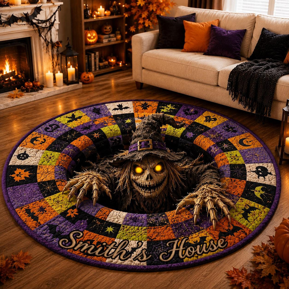 3D Witch Scarecrow Halloween Round Rug