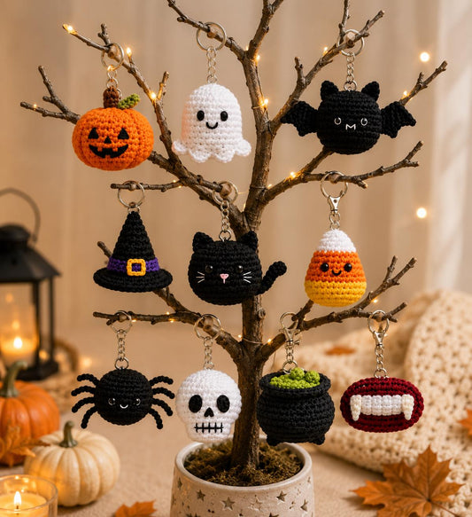 Halloween Crochet Keychain,Cute Ghost Pumpkin Bat Cat Spider Candy Corn Skull Witch Cauldron Vampire Fangs,Halloween Bag Charm, Gift for her