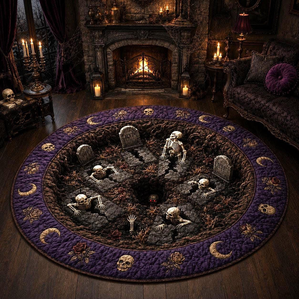 3D Skeleton Graveyard Halloween Round Rug