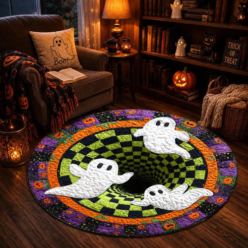 3D Ghost Halloween Rug, Round Spooky Checkerboard Optical Illusion Rug