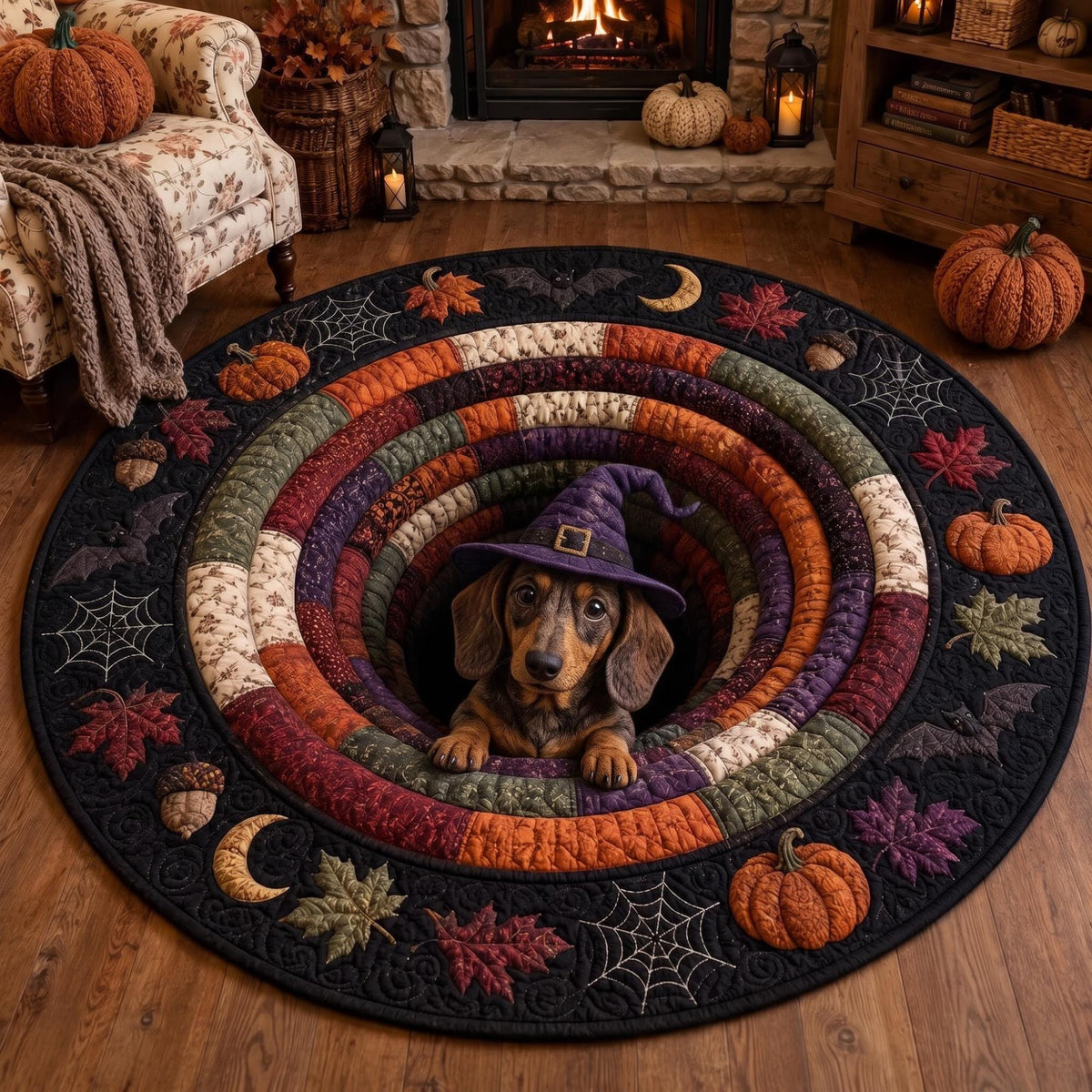 3D Dachshund Halloween Round Rug
