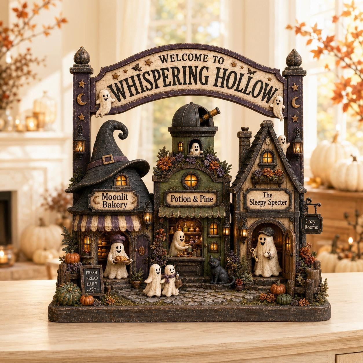 Personalized Halloween Village Wood Block, Ghost Town Shelf Decor