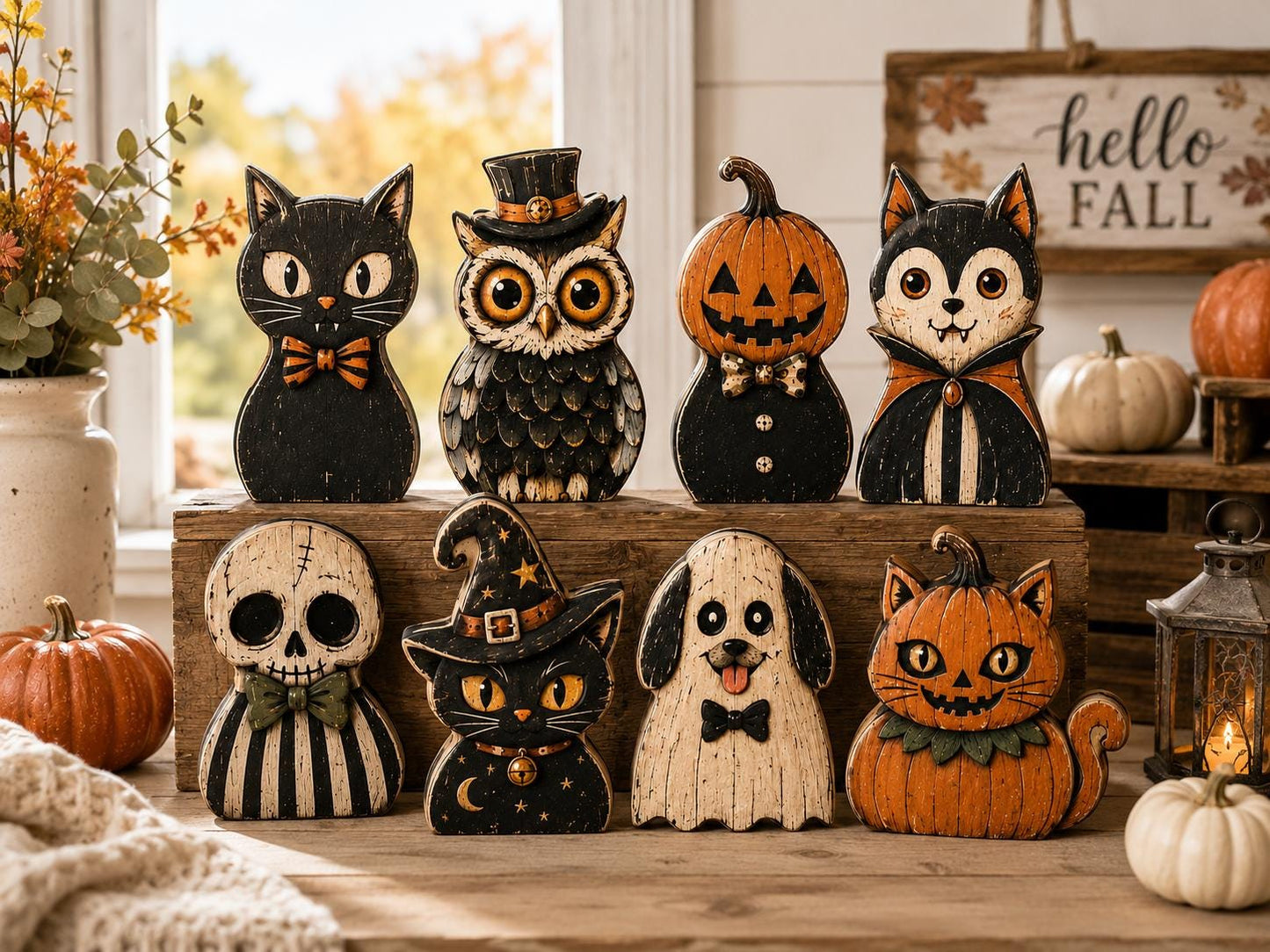 Halloween Wooden Block Set, Spooky Character Decor, Pumpkin Cat Ghost Shelf Sitter, Rustic Halloween Tiered Tray Decor