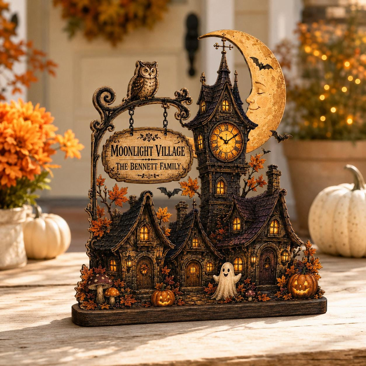 Personalized Halloween Clock Tower Wood Block, Custom Village Decor