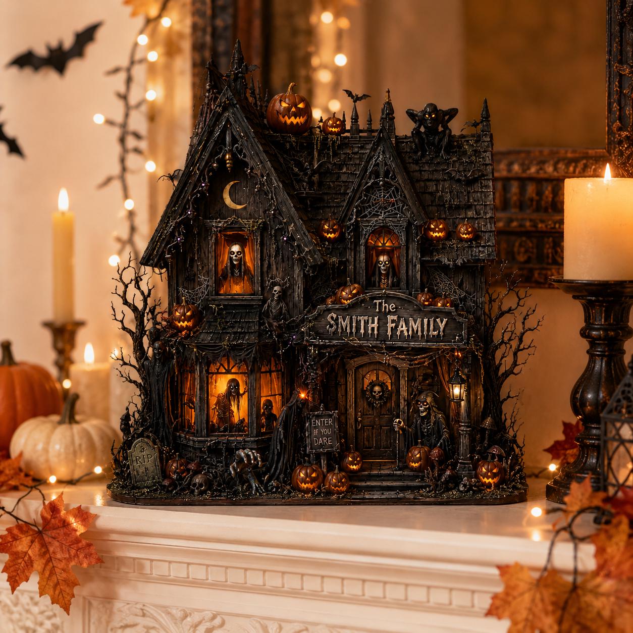 Personalized Haunted House Wood Block, Gothic Halloween Shelf Decor