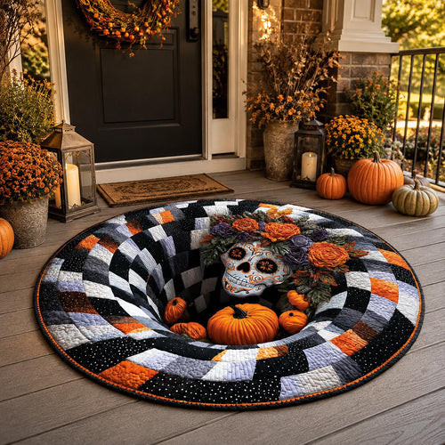 3D Sugar Skull Halloween Rug, Round Floral Skull Optical Illusion Rug