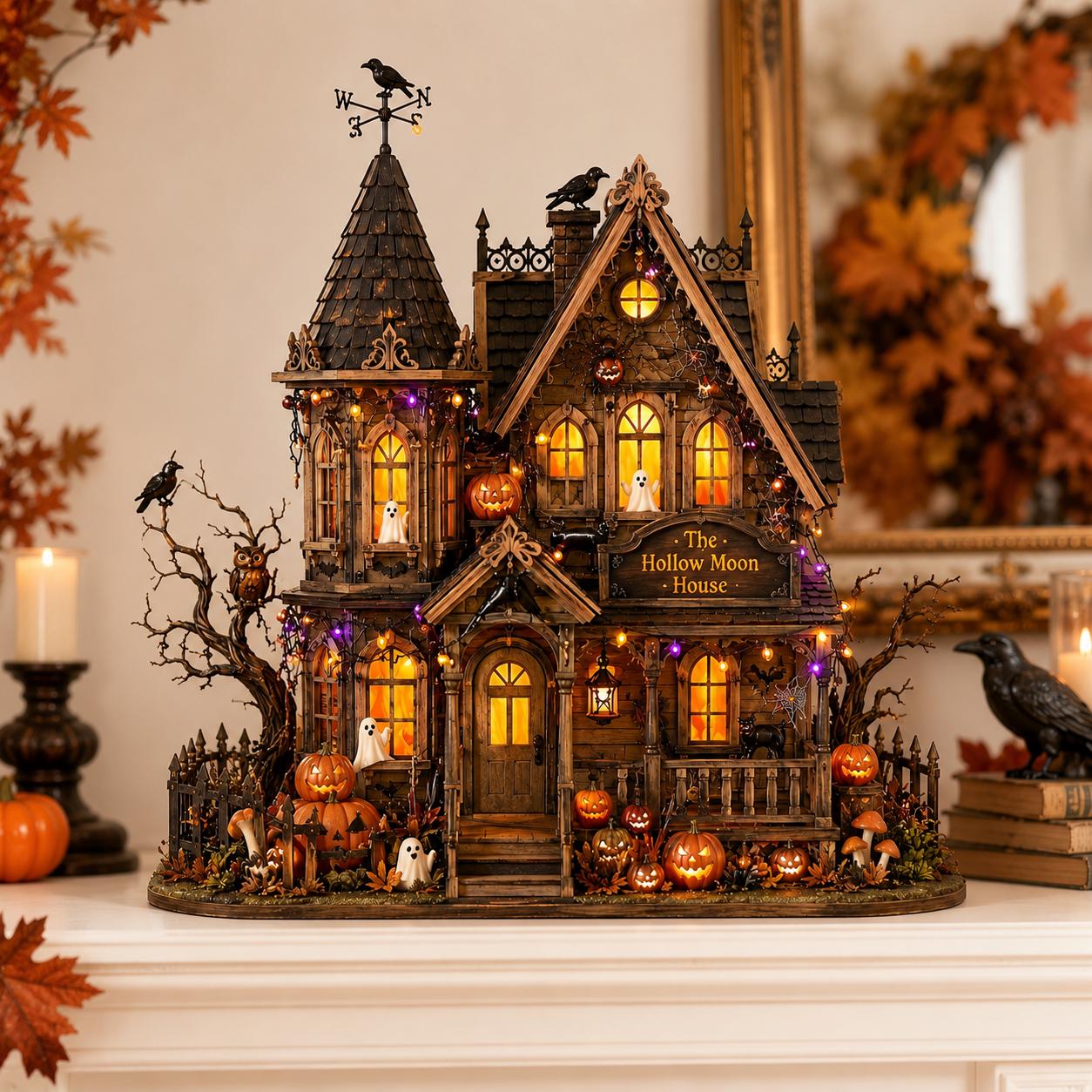 Personalized Haunted House Wood Block, Gothic Halloween Shelf Decor