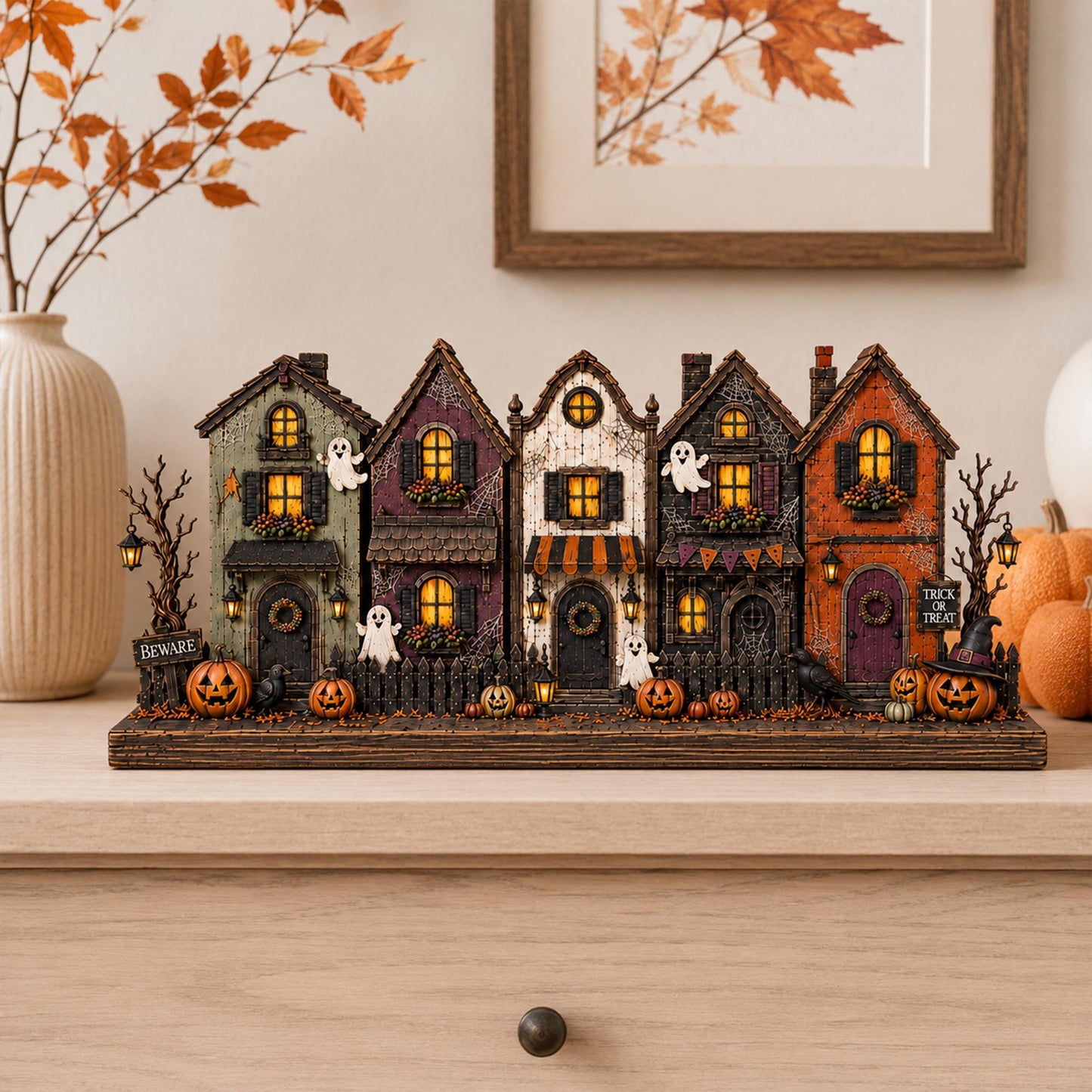 Personalized Village Halloween House Wood Sign, Custom Spooky Ghost Shelf Display, Halloween Gift For Family, Gothic Decor