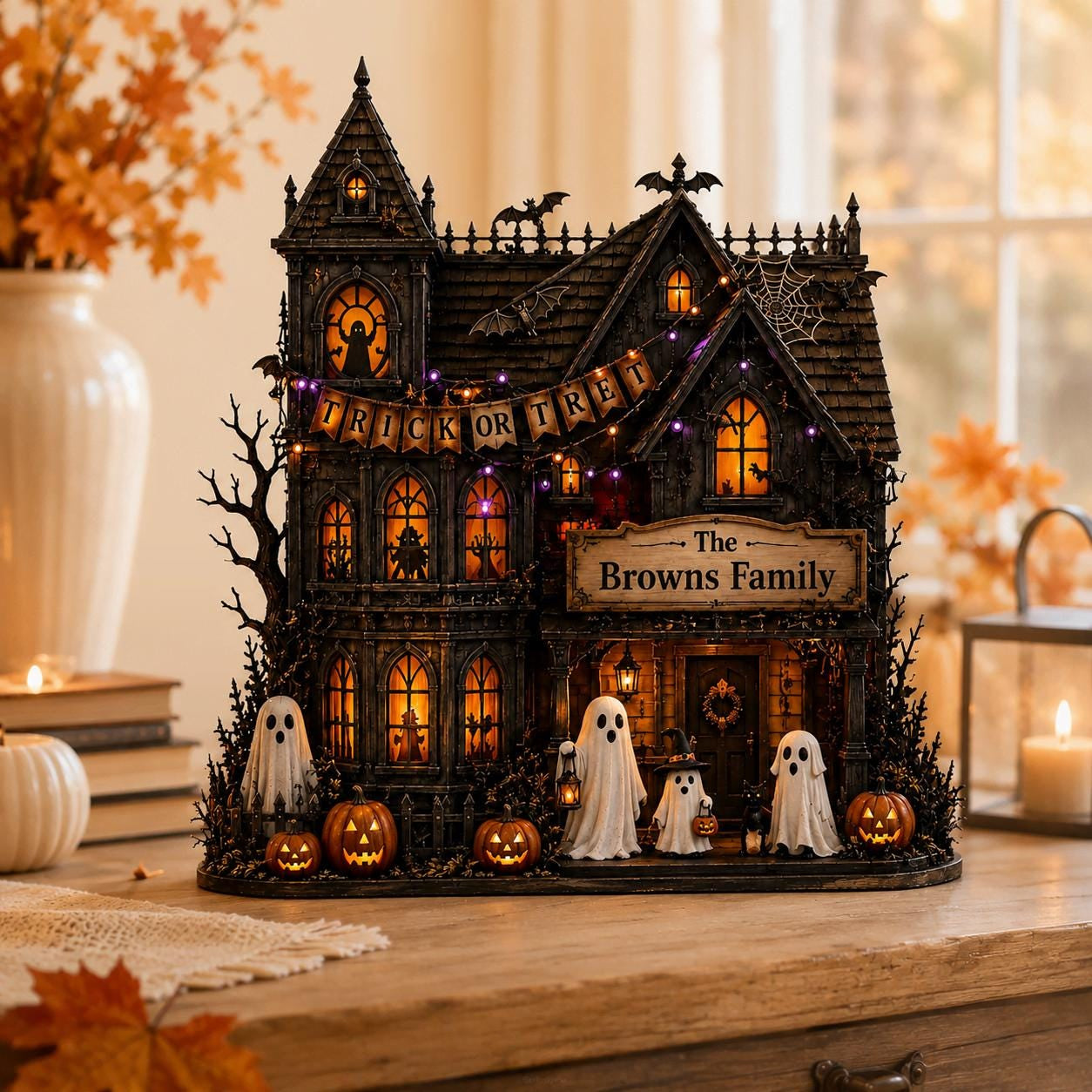 Personalized Haunted House Wood Block, Custom Family Halloween Decor