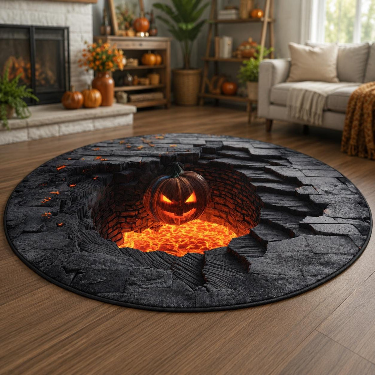 3D Pumpkin Lava Pit Halloween Round Rug