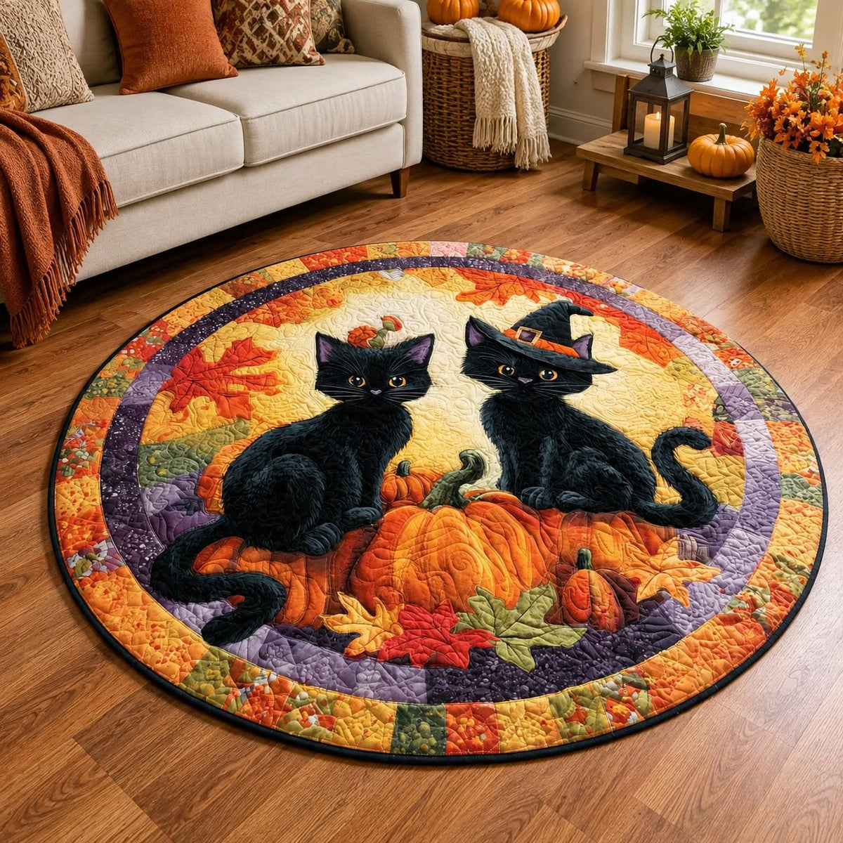 Black Cat Witch Halloween Round Rug