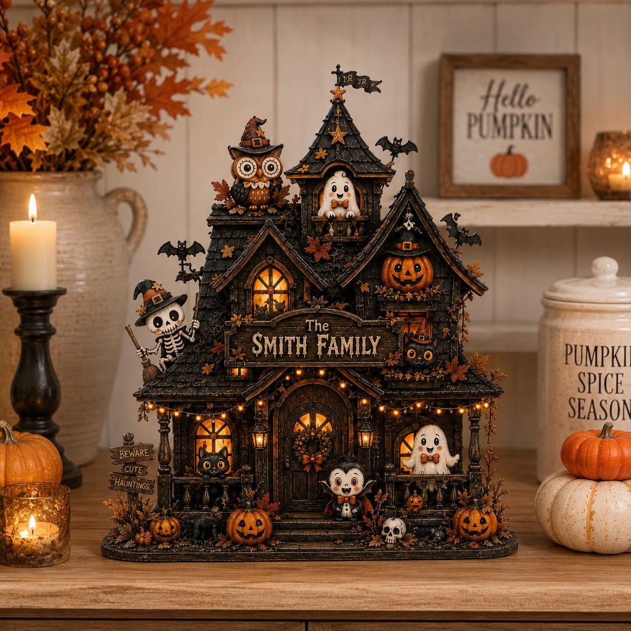 Personalized Haunted House Wood Block, Custom Family Halloween Decor