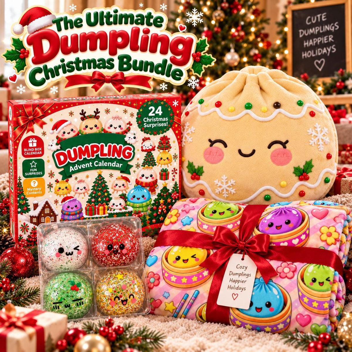 Dumpling Christmas Gift Set, 24 Day Squishy Advent Calendar, Cozy Blanket & Plush Dumpling Pillow, Cute Holiday Gift for Kids