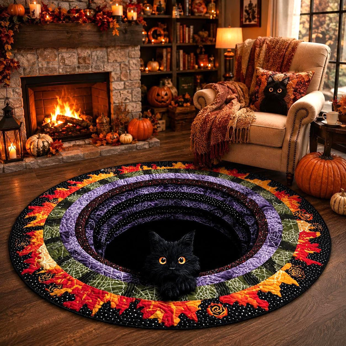 3D Black Cat Halloween Rug, Round Spooky Cat Portal Area Rug