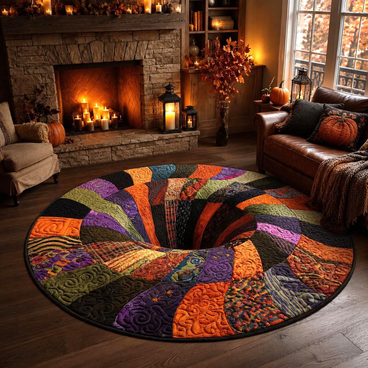 3D Patchwork Spiral Halloween Round Rug