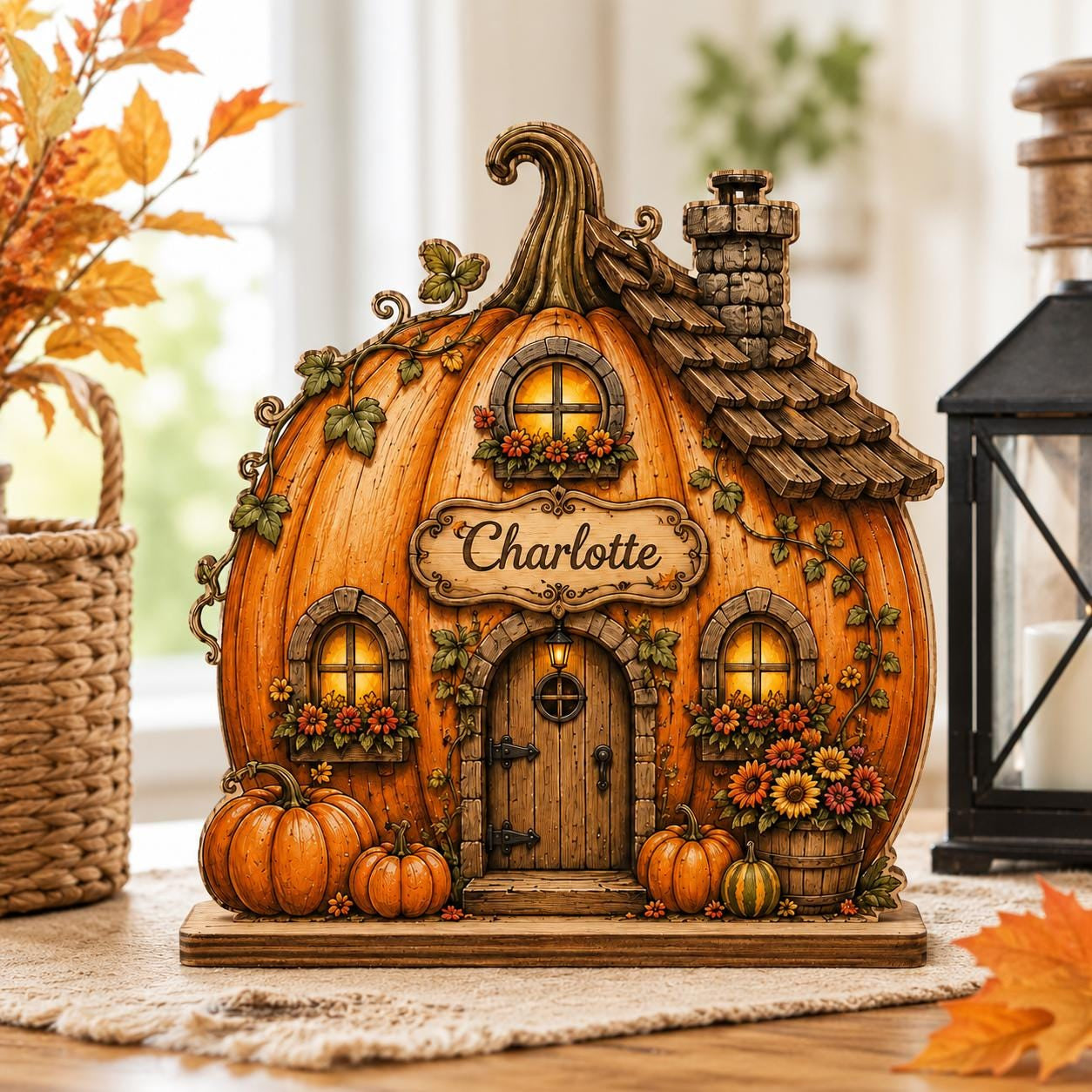 Personalized Pumpkin House Wooden Block, Custom Family Name Fall Decor, Autumn Cottage Shelf Sitter, Thanksgiving Home Gift