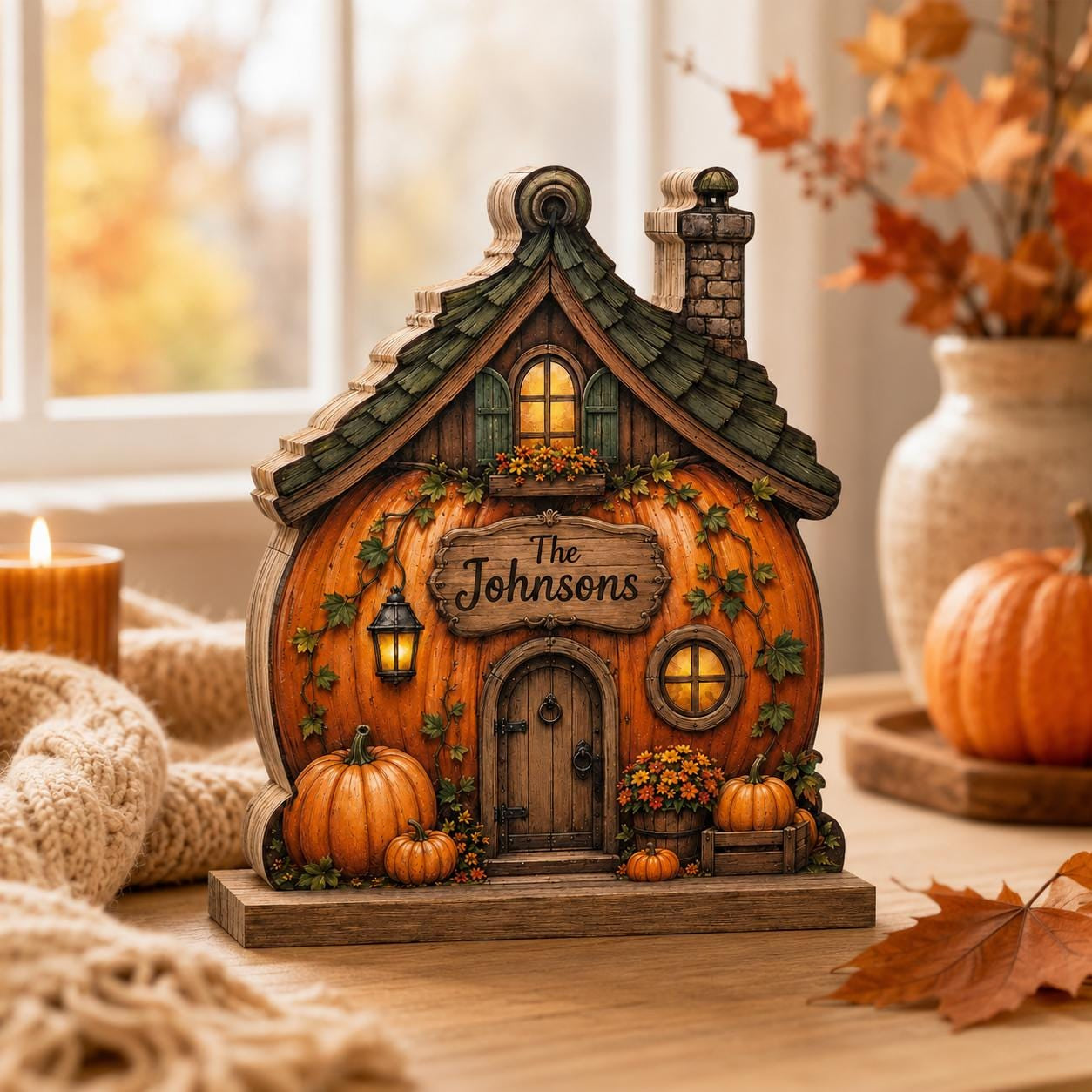 Personalized Pumpkin House Wood Block, Custom Fall Cottage Decor