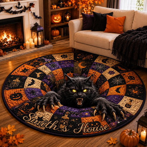 3D Black Cat Halloween Round Rug