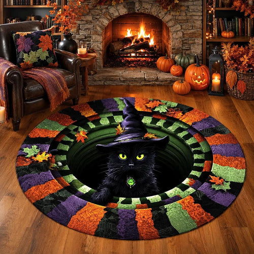 3D Black Cat Witch Halloween Round Rug