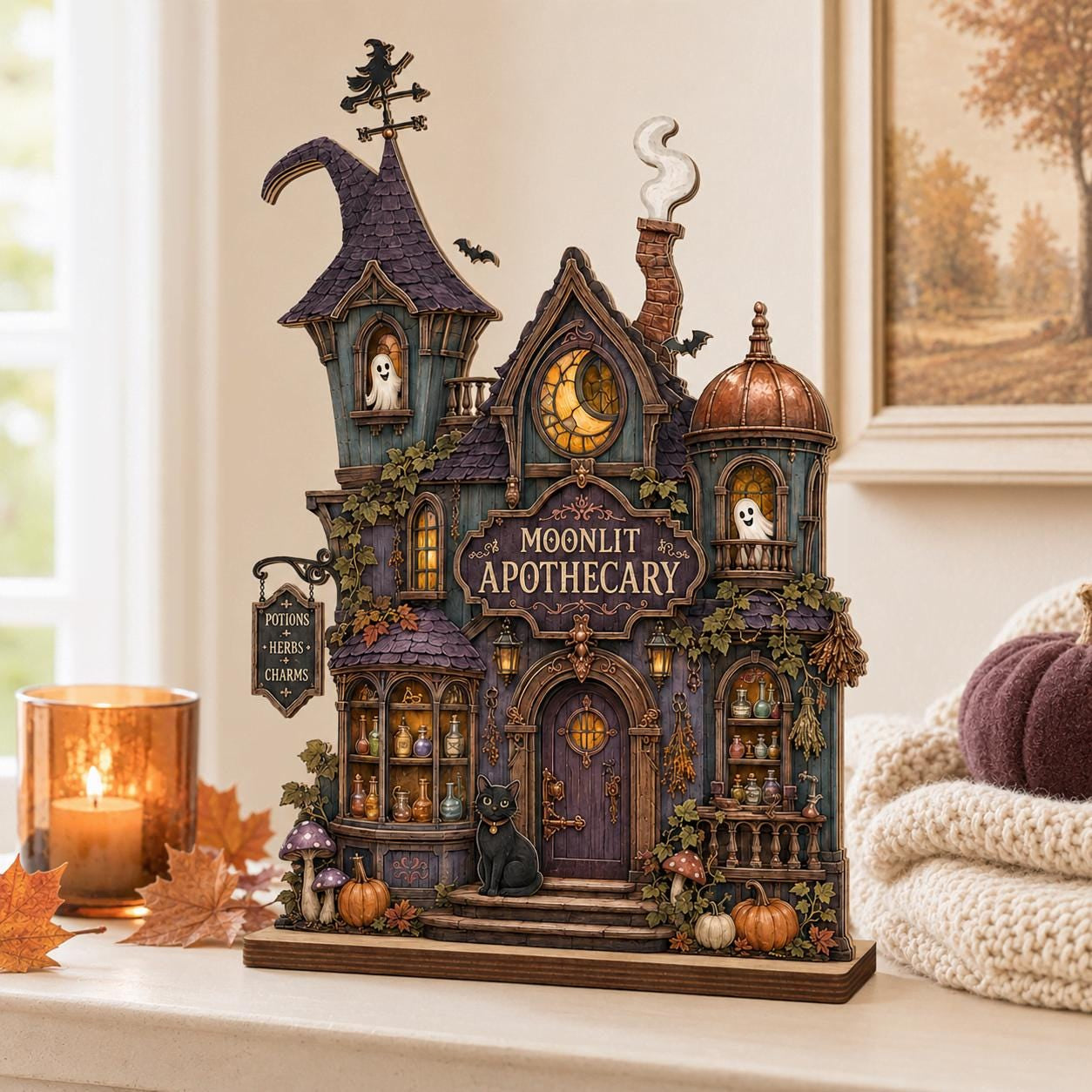 Personalized Moonlit Apothecary Wood Block, Witch Shop Halloween Decor