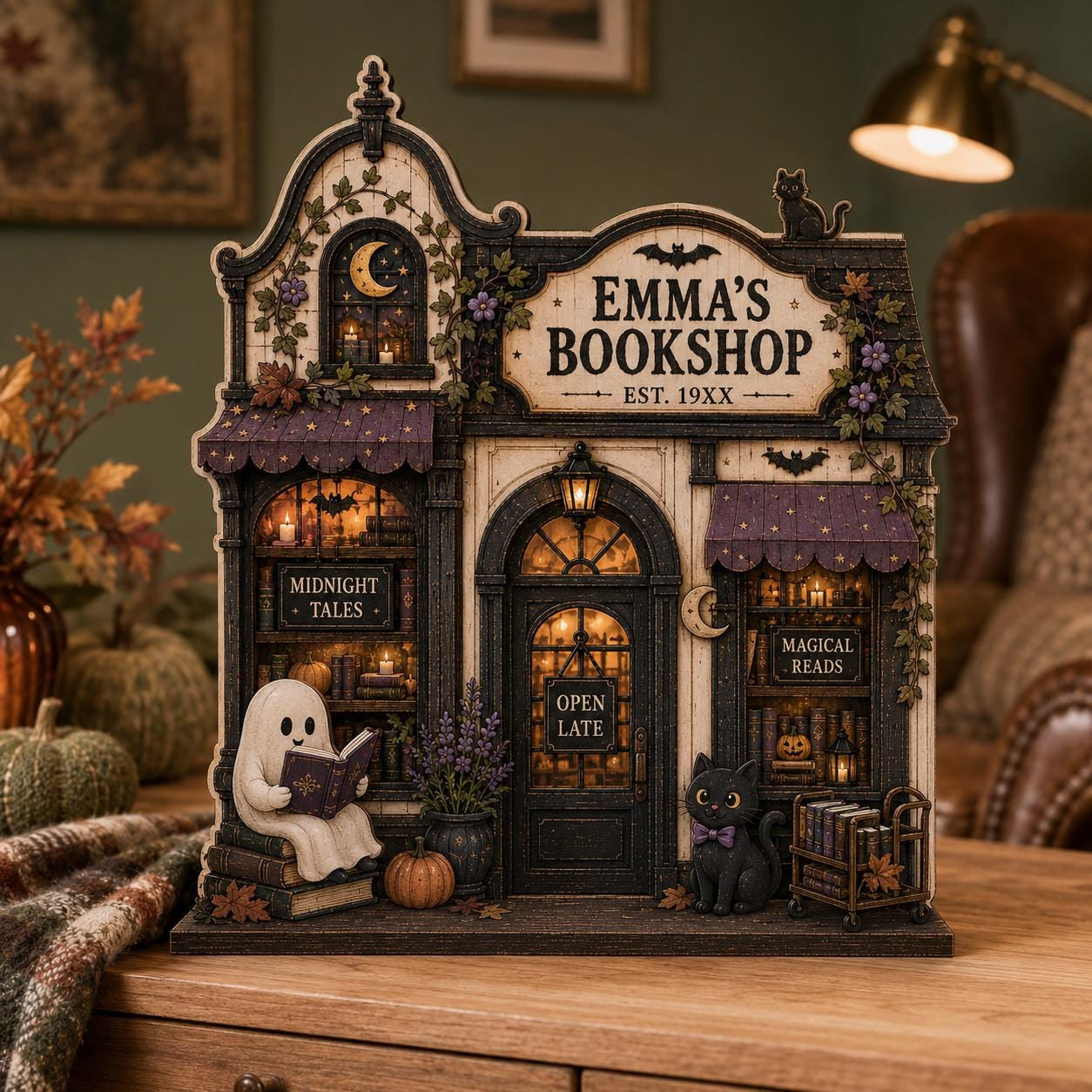 Personalized Ghost Reading Bookshop Sign, Spooky Miniature Shelf Display, Book Lover Decor, Halloween Gift