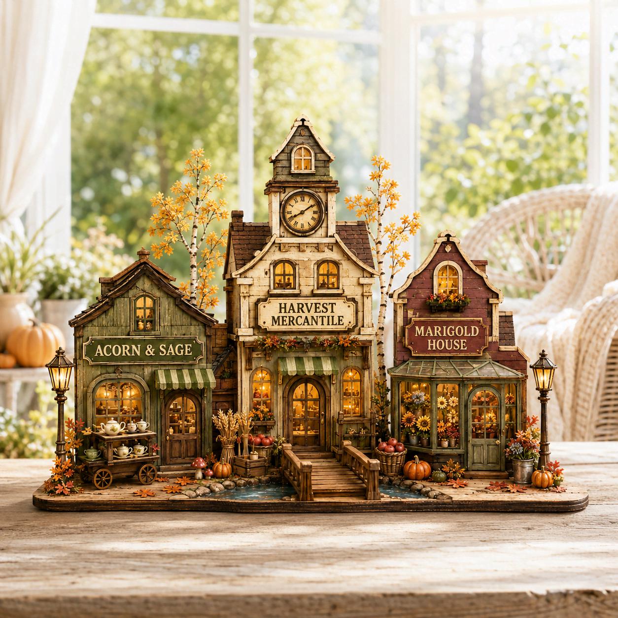 Personalized Autumn Village Wood Block, Harvest Town Fall Shelf Decor