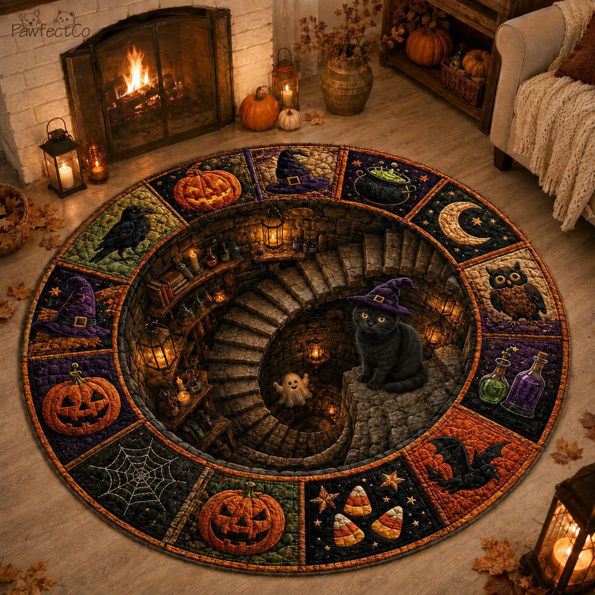 3D Black Cat Halloween Round Rug