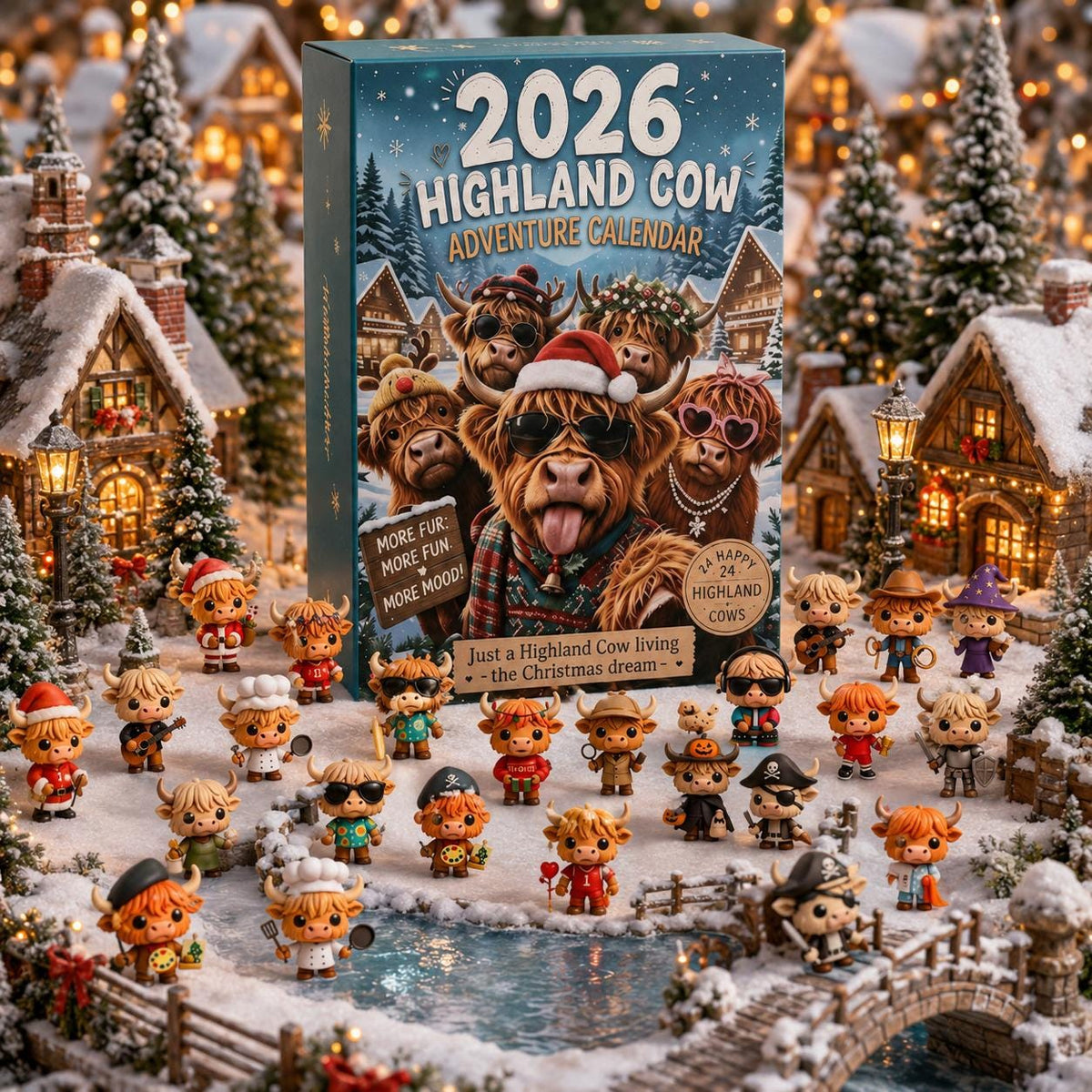 Highland Cow Advent Calendar 2026, 24 Day Christmas Countdown, 3D Mini Cow Figures
