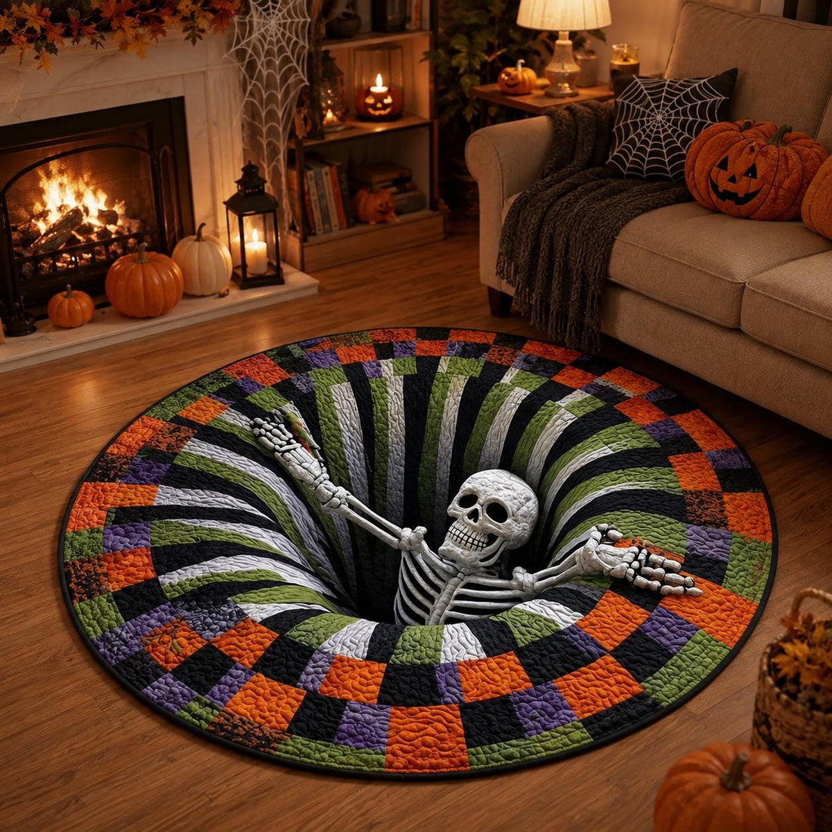 3D Skeleton Halloween Round Rug