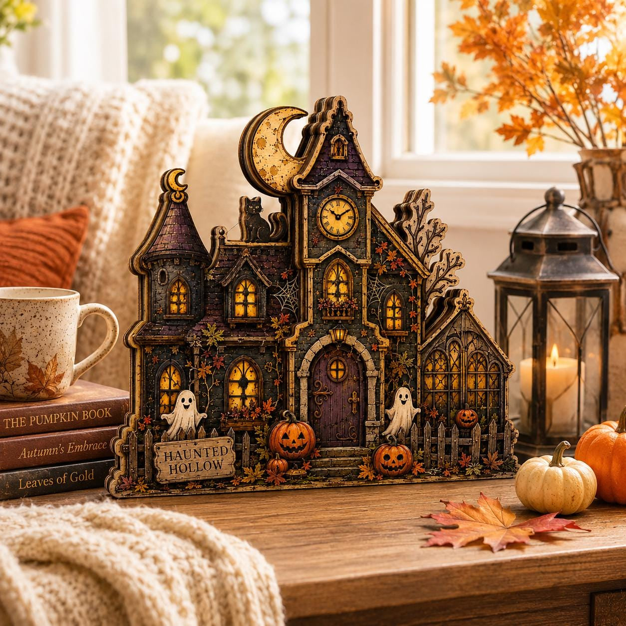Personalized Haunted House Wooden Block, 2D Halloween Shelf Sitter, Spooky Gothic Home Decor, Ghost Pumpkin Mantel Decoration