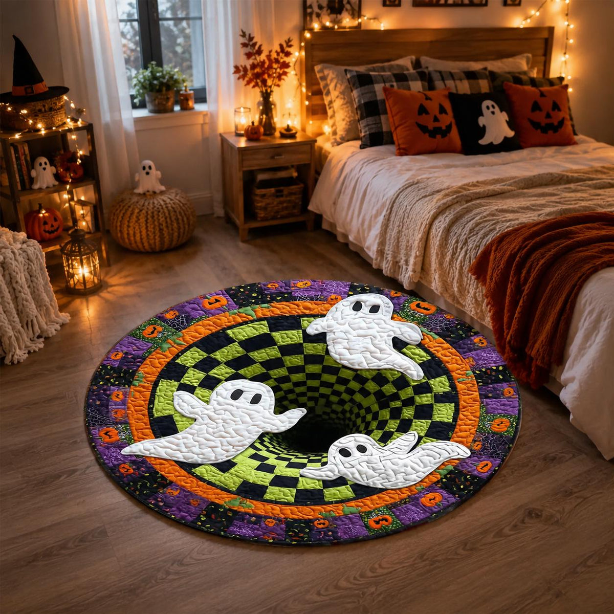 3D Ghost Halloween Rug, Round Spooky Checkerboard Optical Illusion Rug