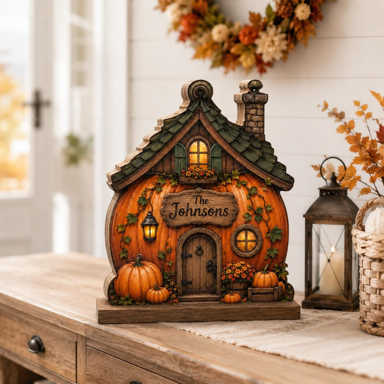 Personalized Pumpkin House Wood Block, Custom Fall Cottage Decor