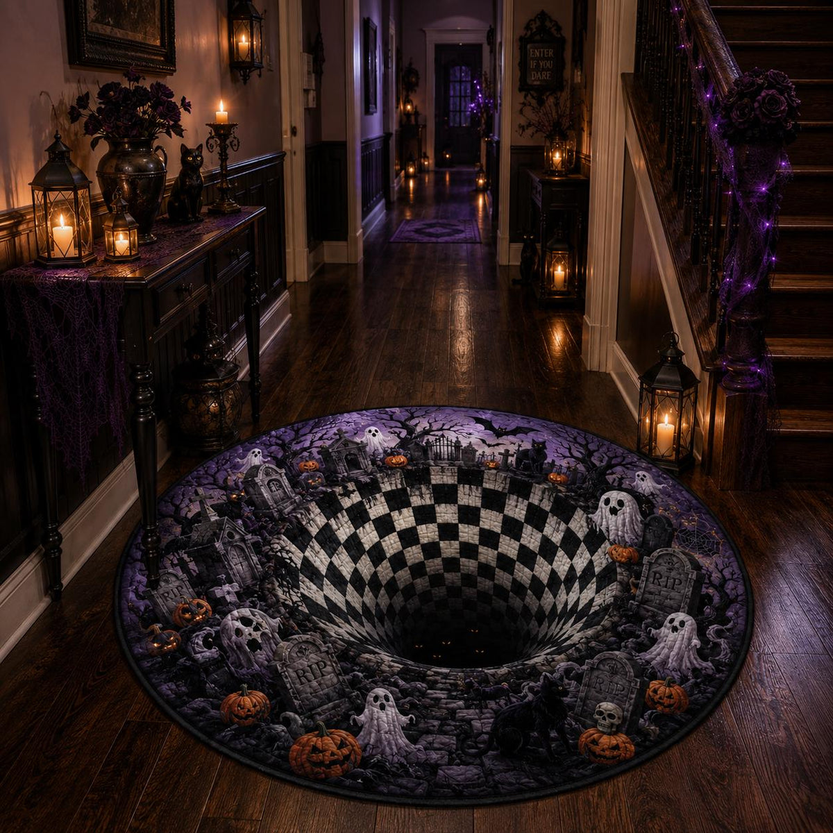 3D Haunted Graveyard Halloween Round Rug