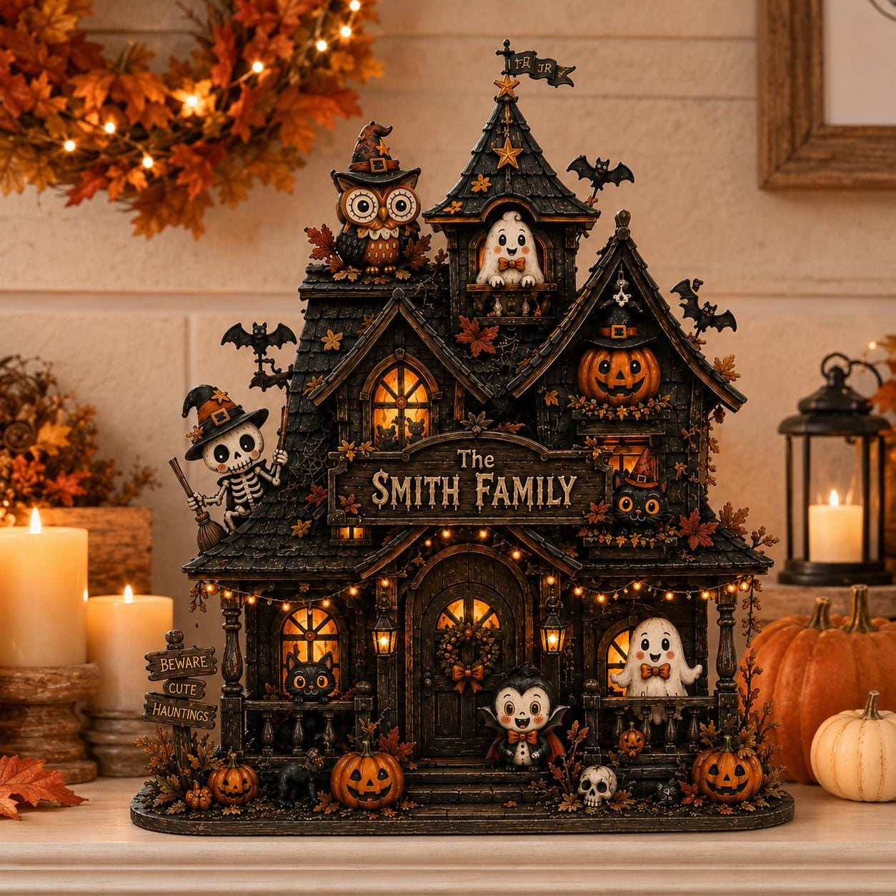 Personalized Haunted House Wood Block, Custom Family Halloween Decor
