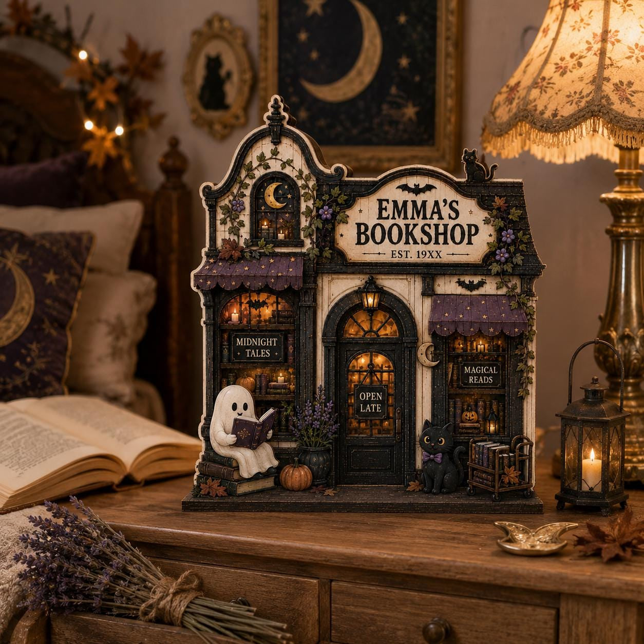 Personalized Ghost Reading Bookshop Sign, Spooky Miniature Shelf Display, Book Lover Decor, Halloween Gift