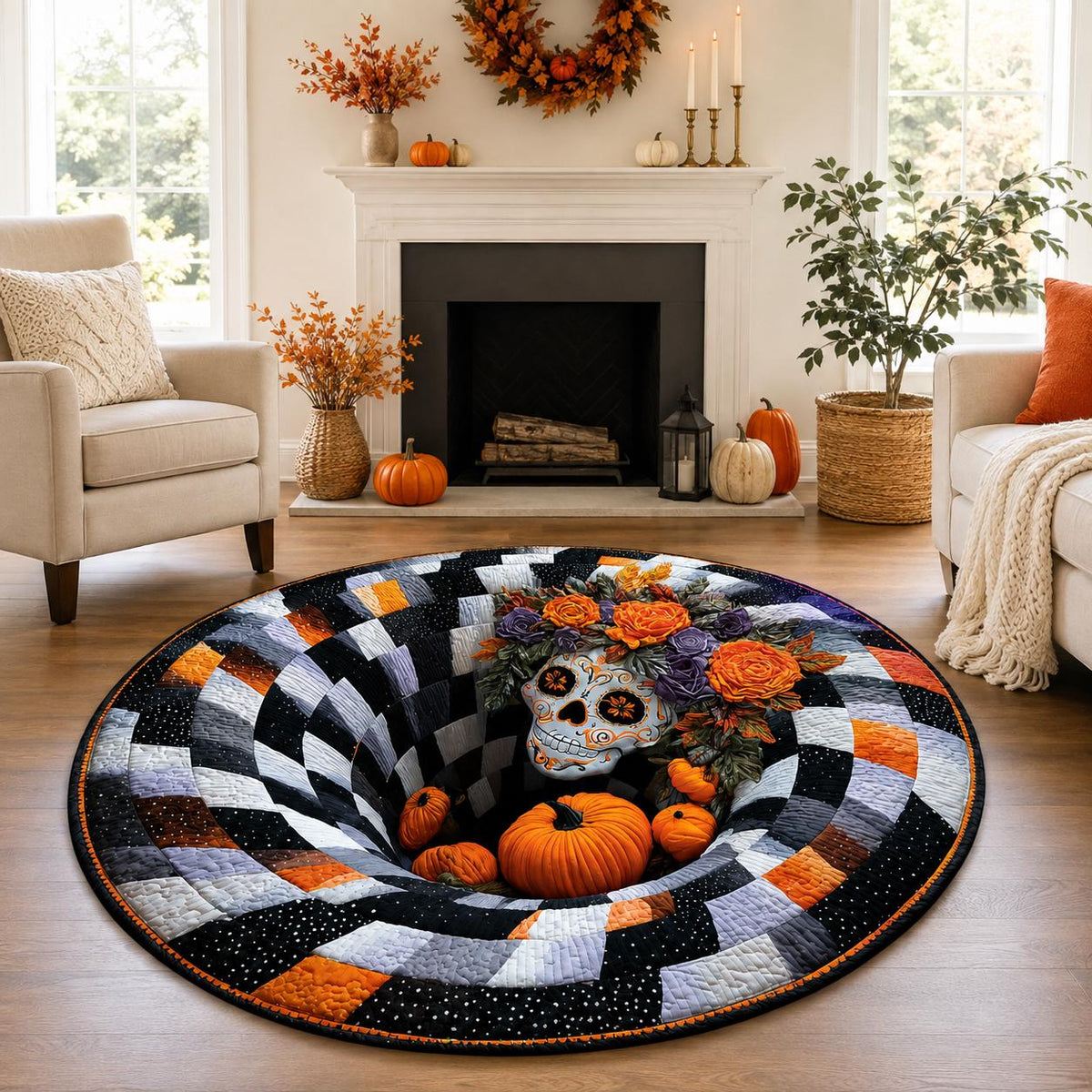 3D Sugar Skull Halloween Rug, Round Floral Skull Optical Illusion Rug