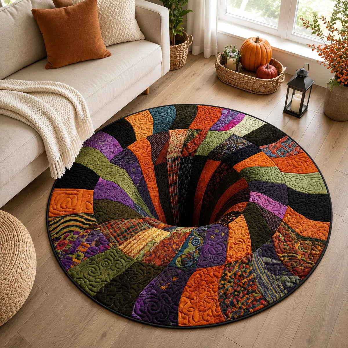 3D Patchwork Spiral Halloween Round Rug