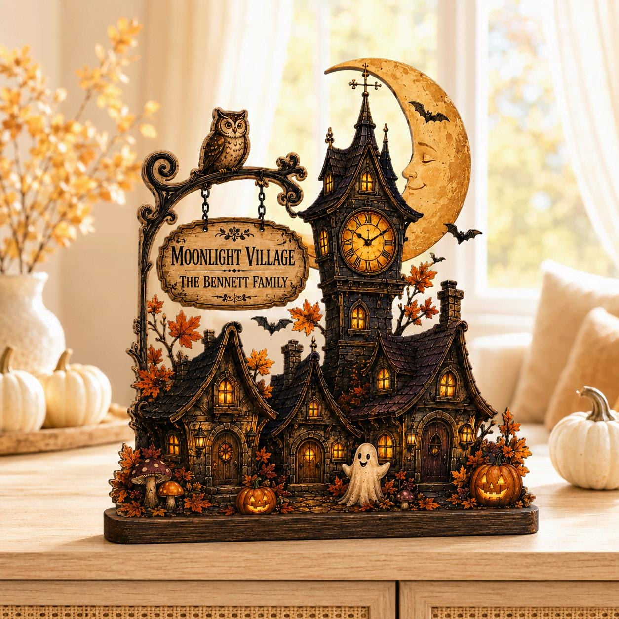 Personalized Halloween Clock Tower Wood Block, Custom Village Decor