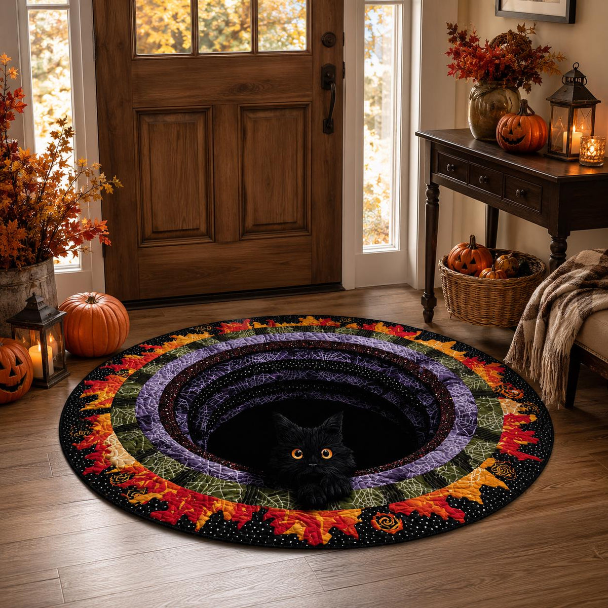 3D Black Cat Halloween Rug, Round Spooky Cat Portal Area Rug