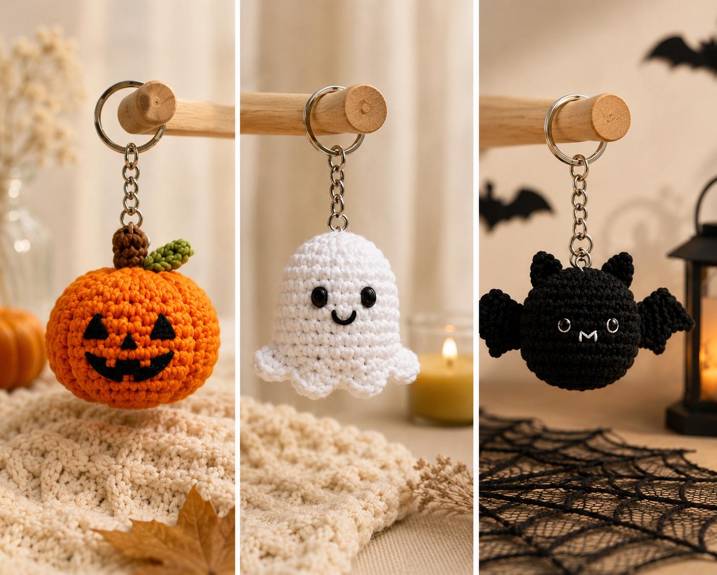 Halloween Crochet Keychain,Cute Ghost Pumpkin Bat Cat Spider Candy Corn Skull Witch Cauldron Vampire Fangs,Halloween Bag Charm, Gift for her