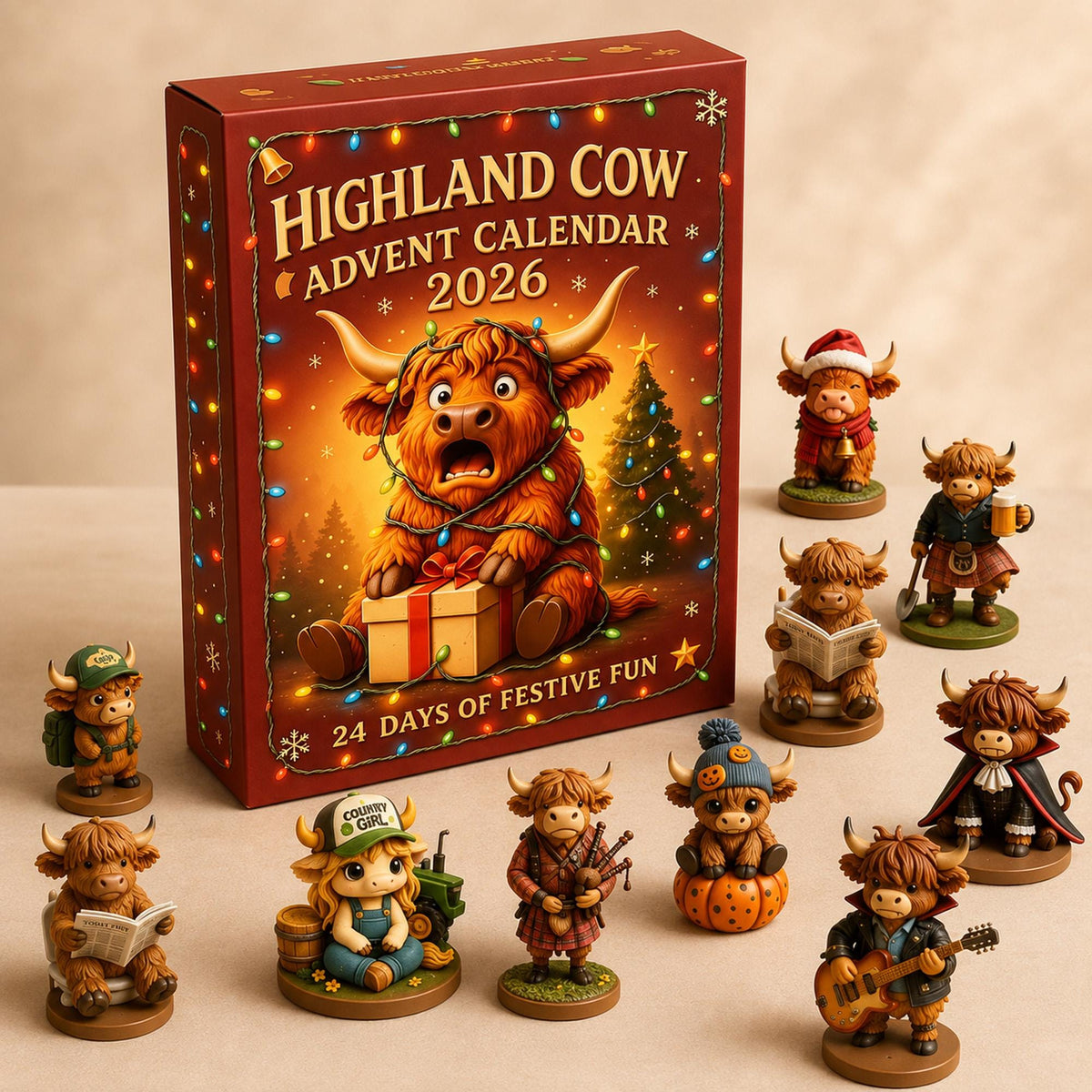 Highland Cow Advent Calendar 2026, 24-Day Christmas Countdown with Mini Cow Figures