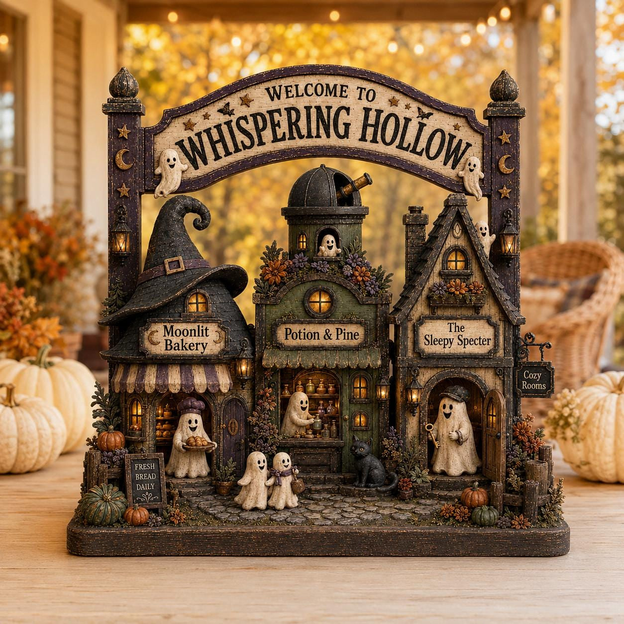 Personalized Halloween Village Wood Block, Ghost Town Shelf Decor