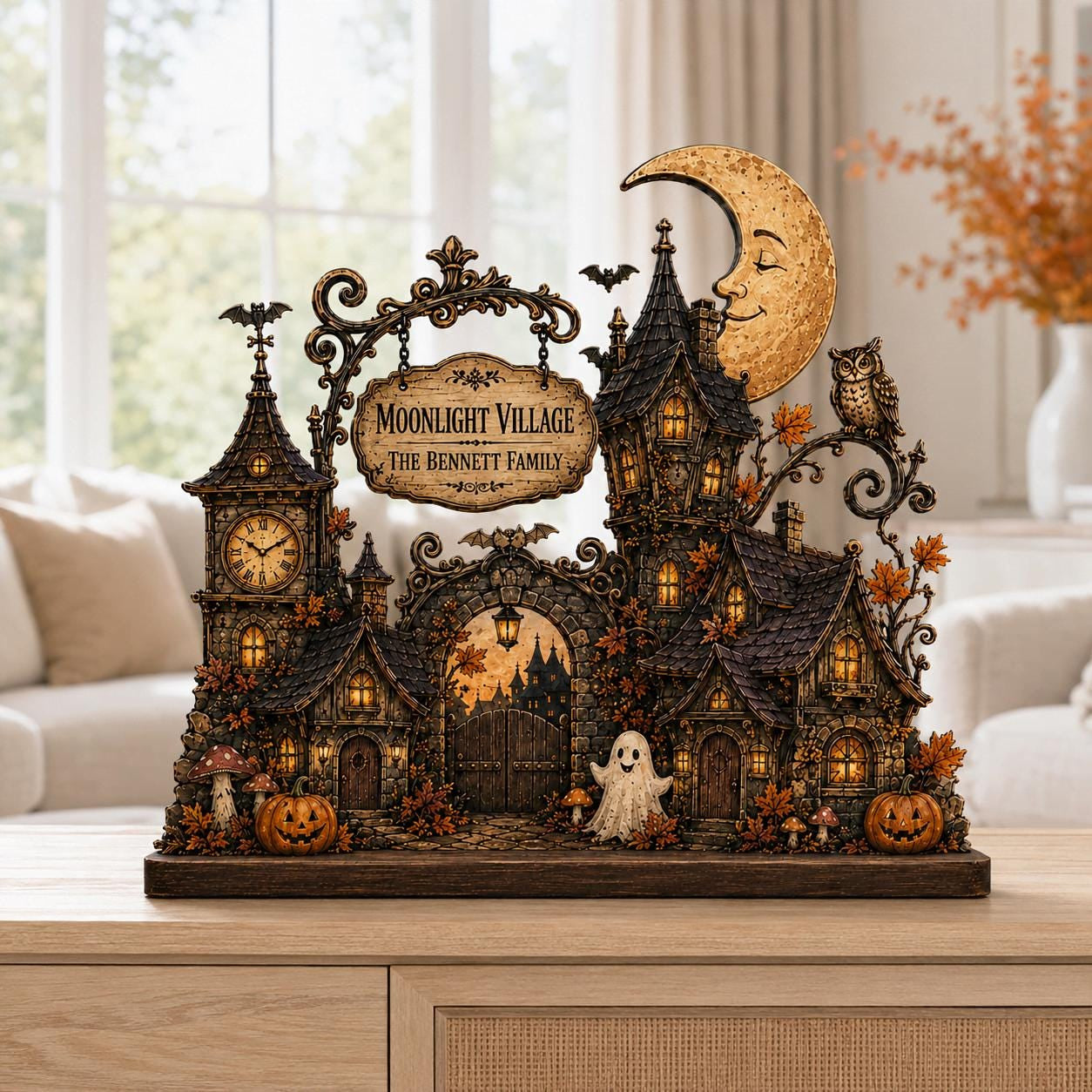 Personalized Moonlight Village Wood Block, Halloween Family Name Decor