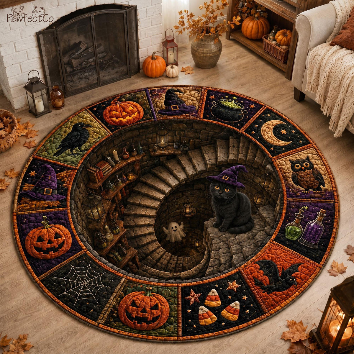 3D Black Cat Halloween Round Rug