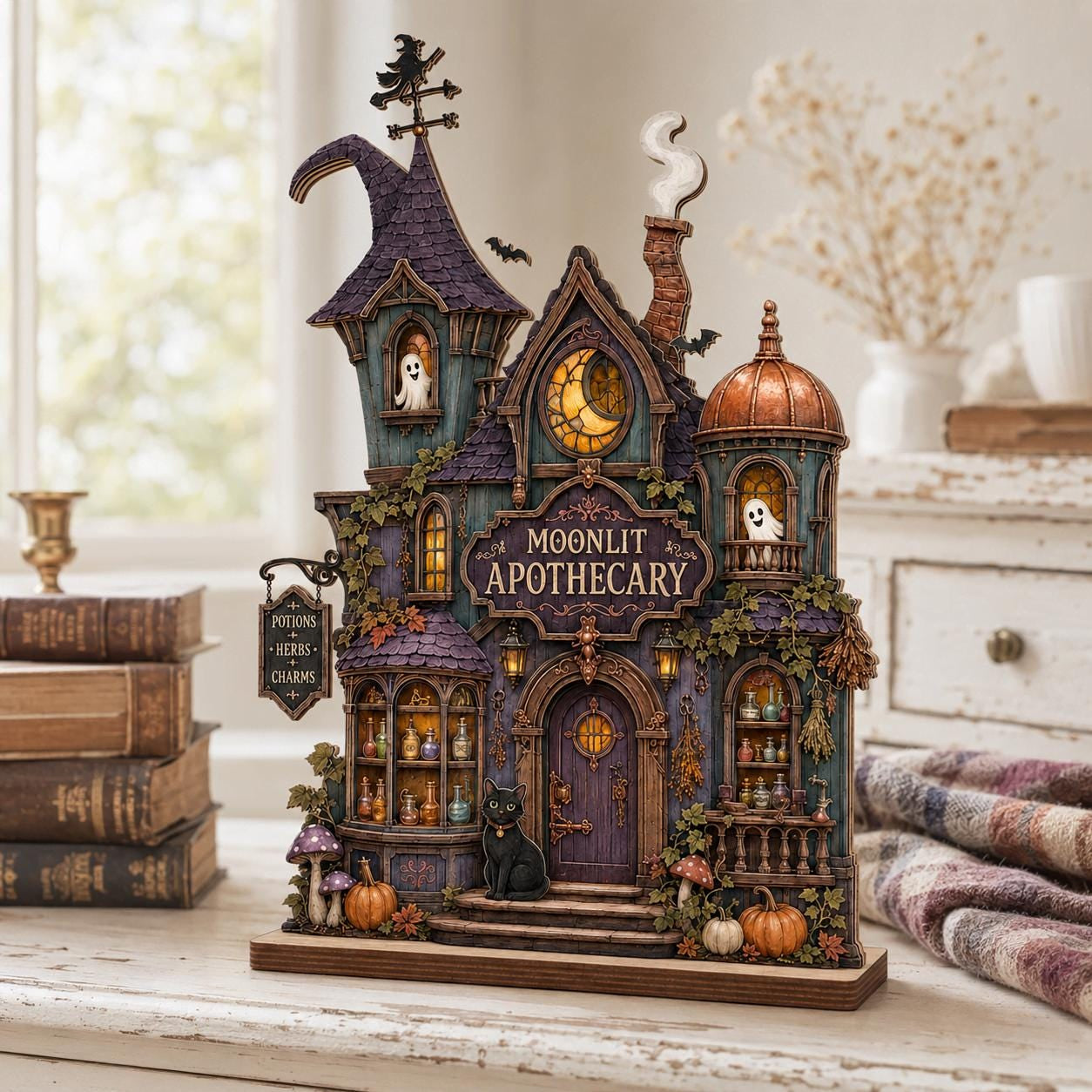 Personalized Moonlit Apothecary Wood Block, Witch Shop Halloween Decor