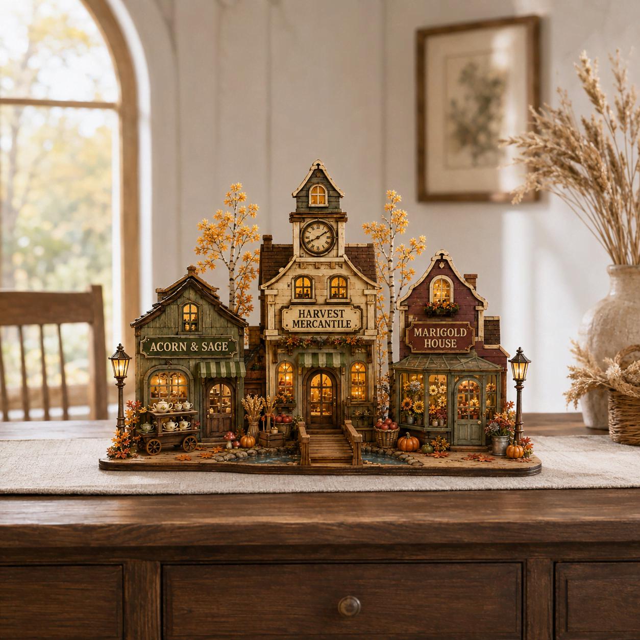Personalized Autumn Village Wood Block, Harvest Town Fall Shelf Decor